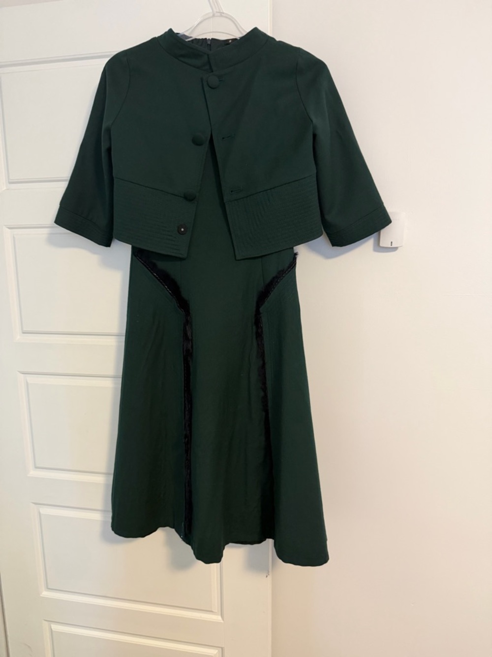 Hunter green wool dress and jacket set with fur trim